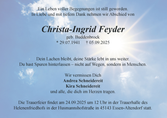 Traueranzeige von Christa-Ingrid Feyder von Tageszeitung
