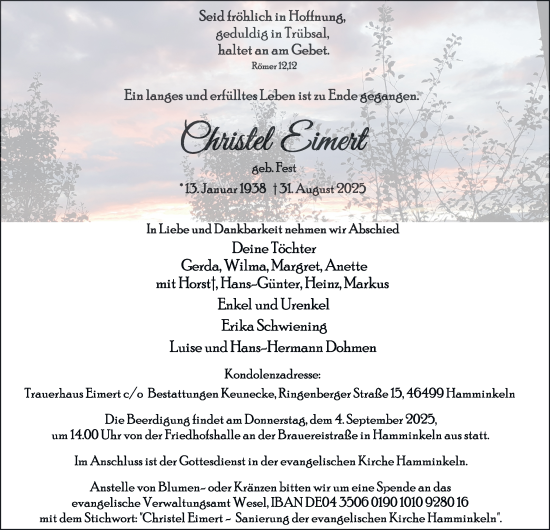 Traueranzeige von Christel Eimert von Tageszeitung