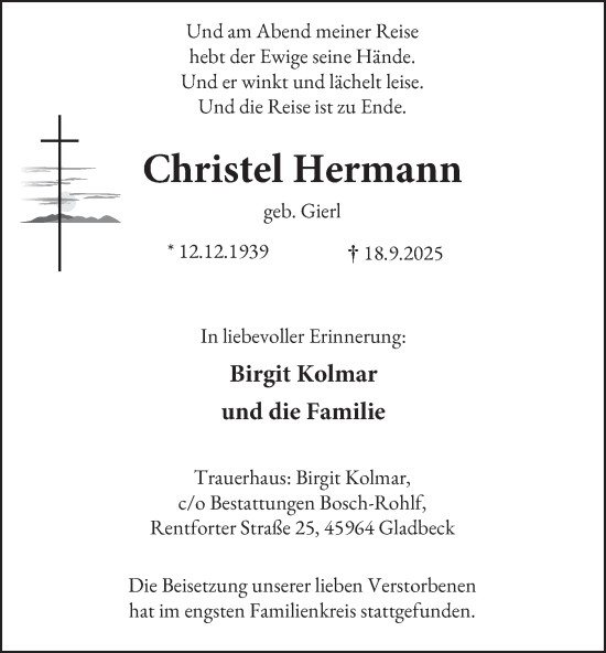 Traueranzeige von Christel Hermann von Tageszeitung