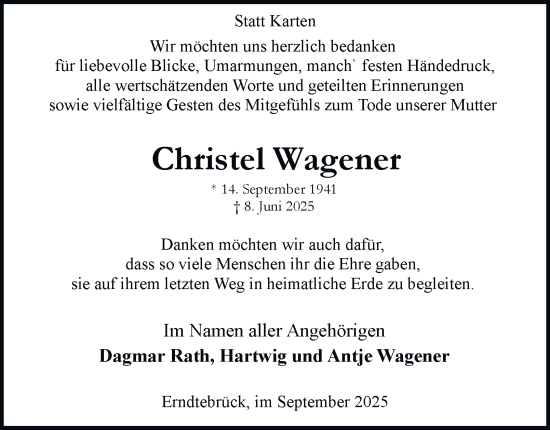 Traueranzeige von Christel Wagener von Tageszeitung