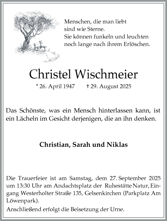 Traueranzeige von Christel Wischmeier von Tageszeitung