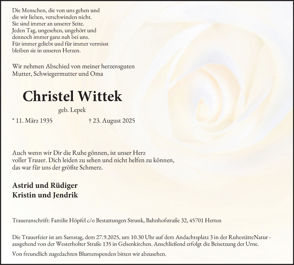  Traueranzeige für Christel Wittek vom 20.09.2025 aus Tageszeitung