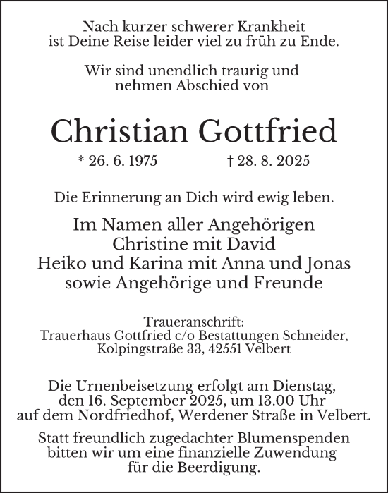 Traueranzeige von Christian Gottfried von Tageszeitung