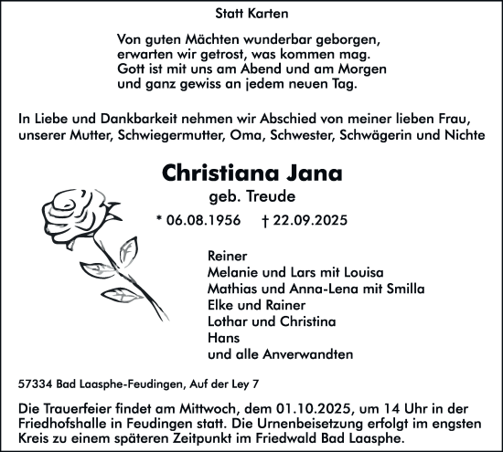 Traueranzeige von Christiana Jana von Tageszeitung
