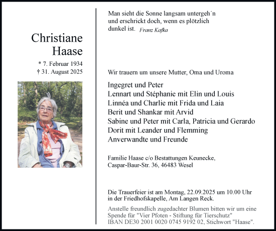Traueranzeige von Christiane Haase von Tageszeitung