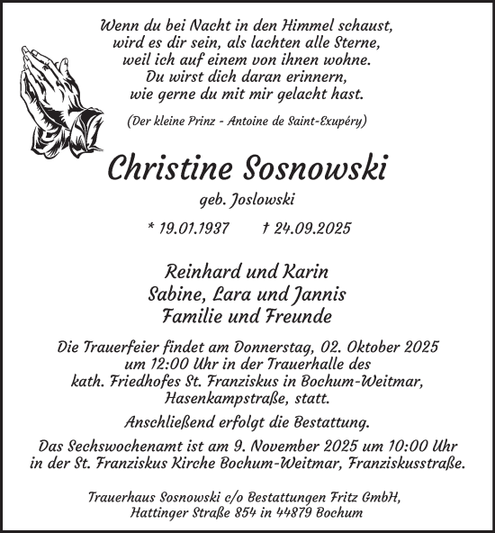 Traueranzeige von Christine Sosnowski von Tageszeitung