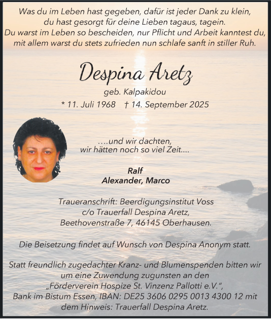 Traueranzeige von Despina Aretz von Tageszeitung