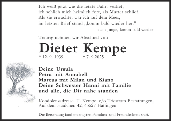 Traueranzeige von Dieter Kempe von Tageszeitung