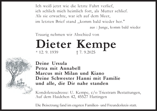Traueranzeige von Dieter Kempe von Tageszeitung