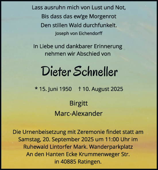 Traueranzeige von Dieter Schneller von Tageszeitung