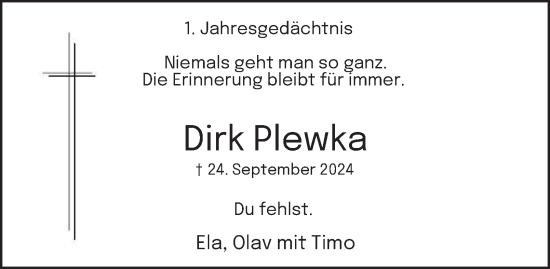 Traueranzeige von Dirk Plewka von Tageszeitung