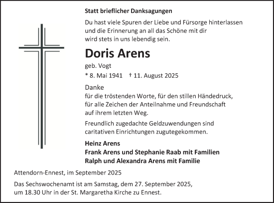 Traueranzeige von Doris Arens von Tageszeitung