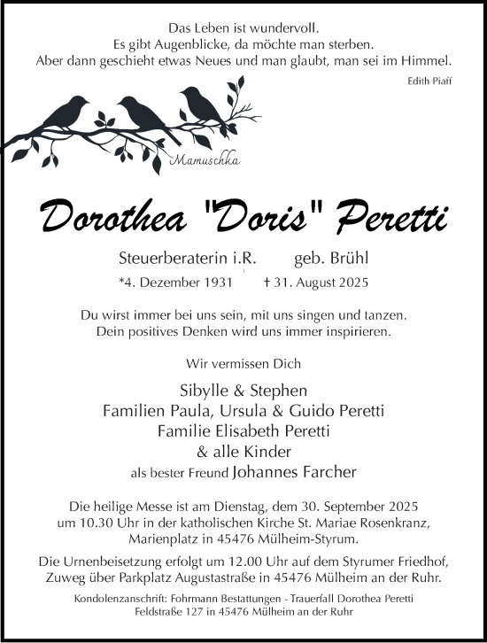 Traueranzeige von Dorothea Peretti von Tageszeitung