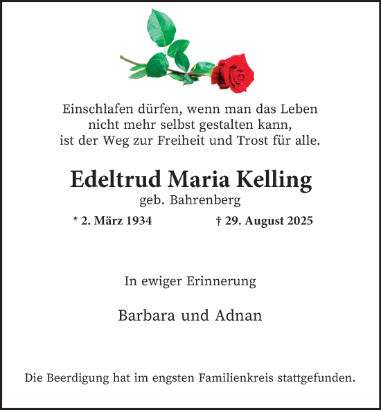 Traueranzeige von Edeltrud Maria Kelling von Tageszeitung