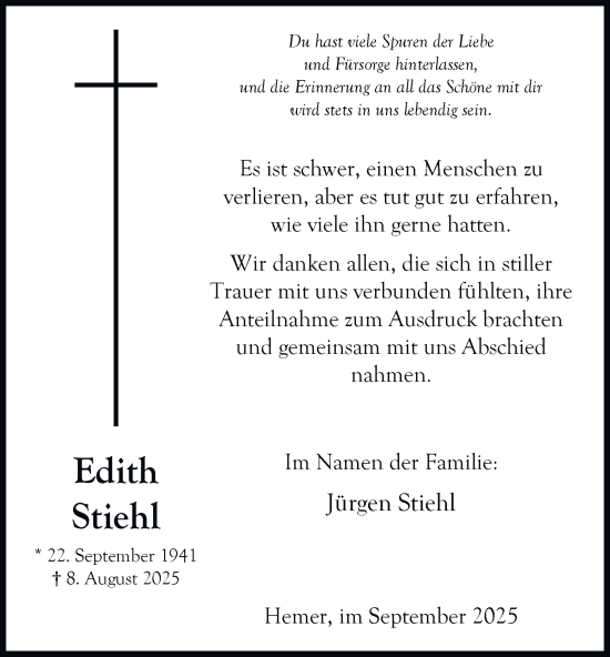 Traueranzeige von Edith Stiehl von Tageszeitung