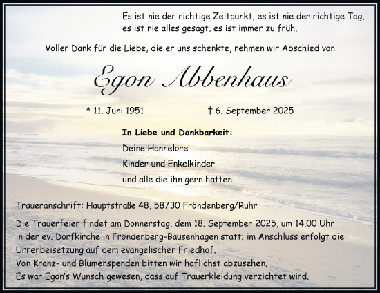 Traueranzeige von Egon Abbenhaus von Tageszeitung
