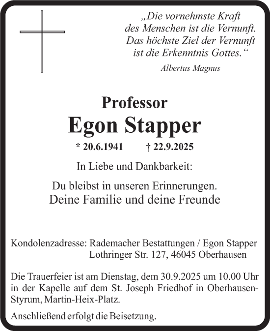 Traueranzeige von Egon Stapper von Tageszeitung