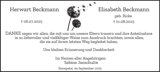 Traueranzeige von Elisabeth Beckmann von Tageszeitung