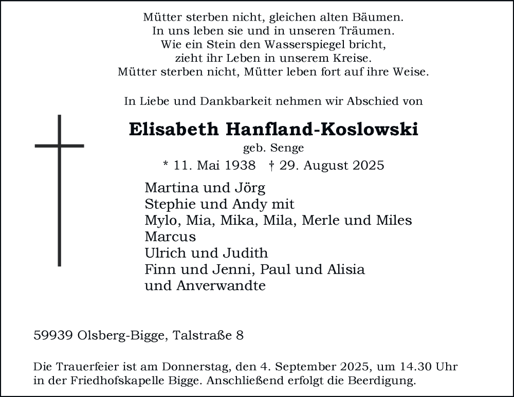  Traueranzeige für Elisabeth Hanfland-Koslowski vom 03.09.2025 aus Tageszeitung