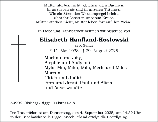 Traueranzeige von Elisabeth Hanfland-Koslowski von Tageszeitung