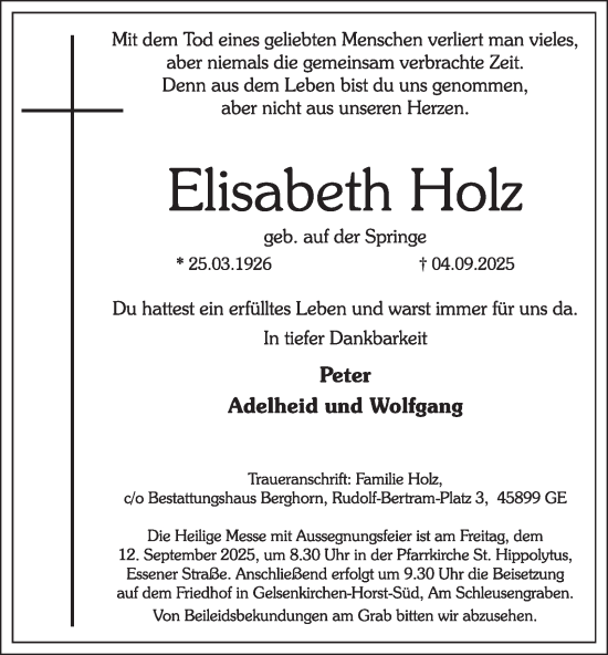Traueranzeige von Elisabeth Holz von Tageszeitung