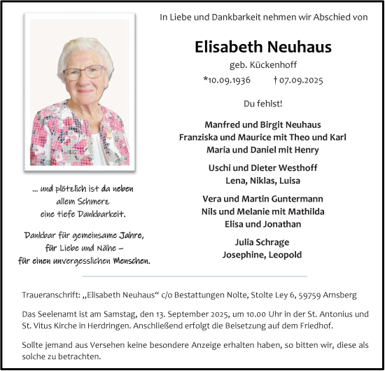 Traueranzeige von Elisabeth Neuhaus von Tageszeitung
