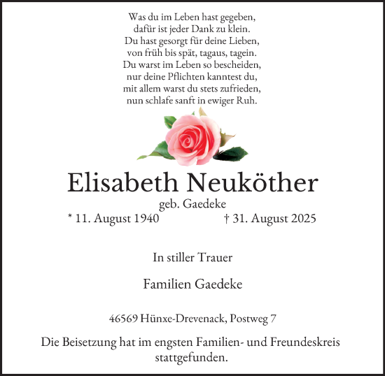 Traueranzeige von Elisabeth Neuköther von Tageszeitung