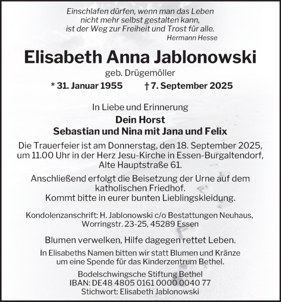 Traueranzeige von Elisabeth Anna Jablonowski von Tageszeitung