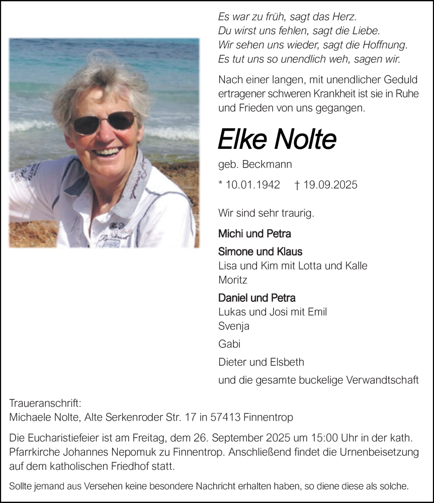  Traueranzeige für Elke Nolte vom 24.09.2025 aus Tageszeitung