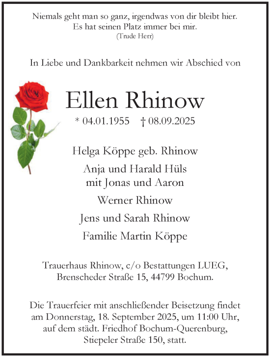 Traueranzeige von Ellen Rhinow von Tageszeitung