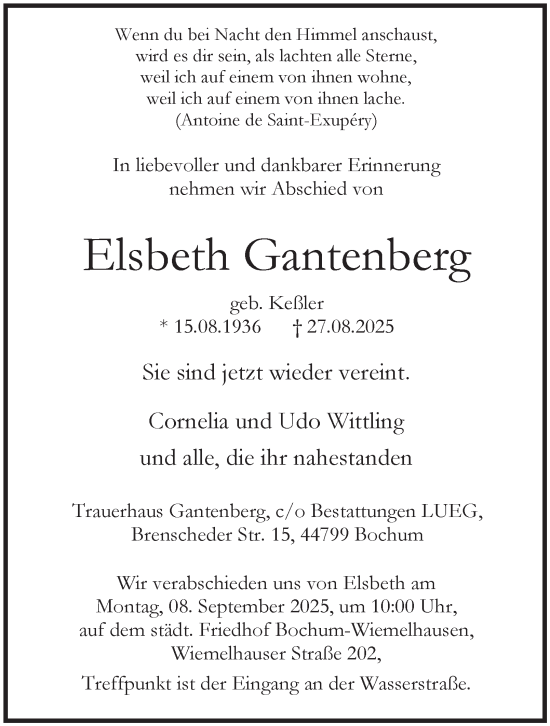 Traueranzeige von Elsbeth Gantenberg von Tageszeitung