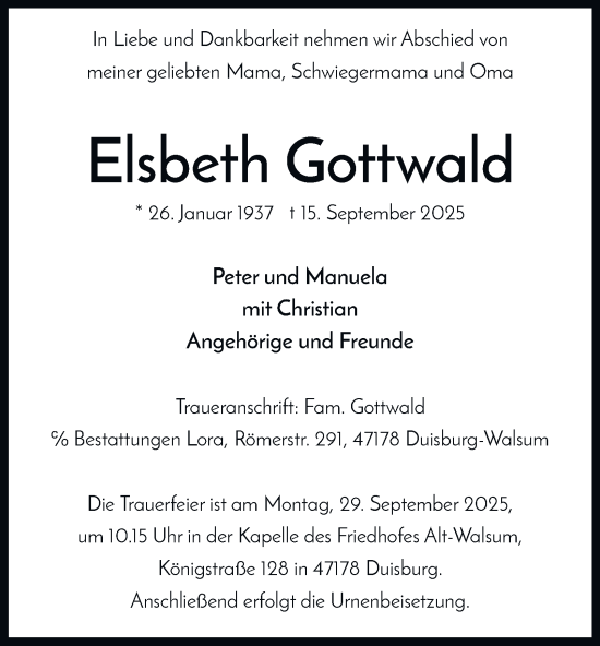 Traueranzeige von Elsbeth Gottwald von Tageszeitung