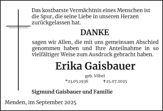 Traueranzeige von Erika Gaisbauer von Tageszeitung