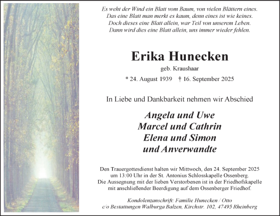 Traueranzeige von Erika Hunecken von Tageszeitung