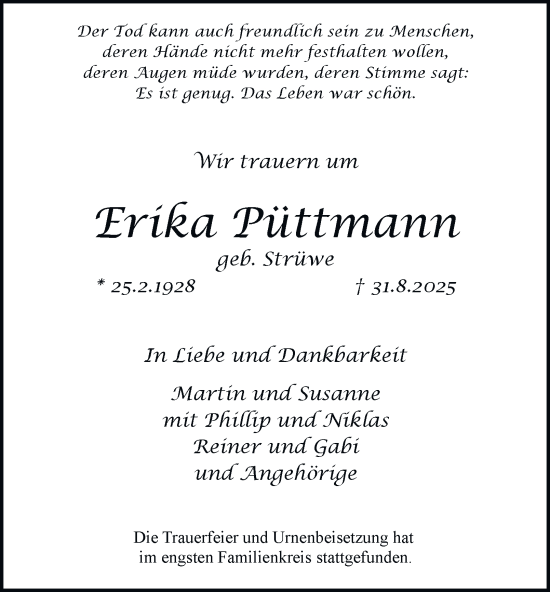 Traueranzeige von Erika Püttmann von Tageszeitung