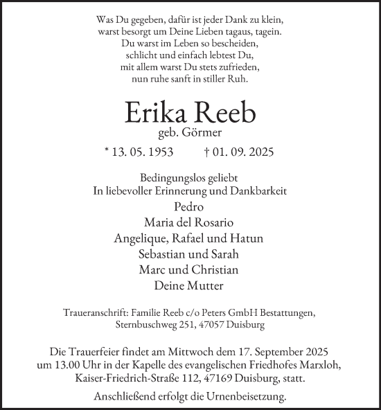 Traueranzeige von Erika Reeb von Tageszeitung