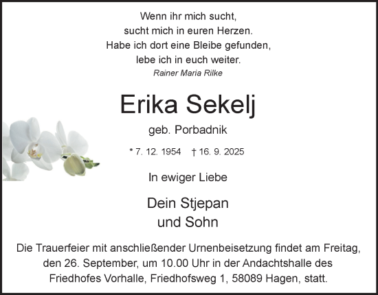 Traueranzeige von Erika Sekelj von Tageszeitung