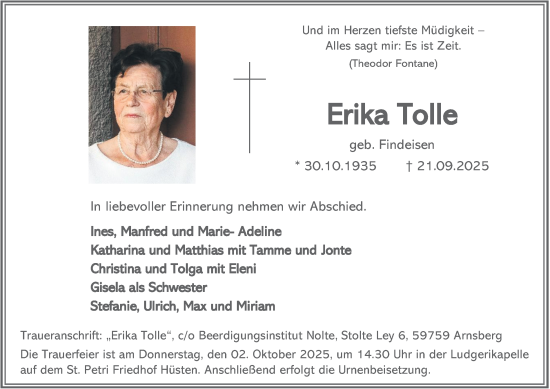 Traueranzeige von Erika Tolle von Tageszeitung