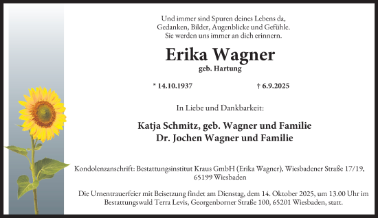 Traueranzeige von Erika Wagner von Tageszeitung