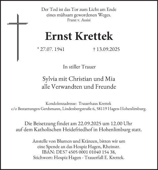 Traueranzeige von Ernst Krettek von Tageszeitung