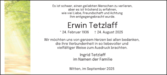 Traueranzeige von Erwin Tetzlaff von Tageszeitung
