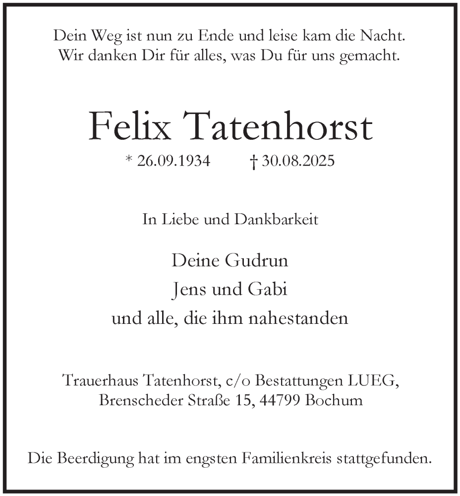  Traueranzeige für Felix Tatenhorst vom 27.09.2025 aus Tageszeitung
