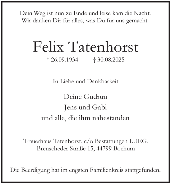 Traueranzeige von Felix Tatenhorst von Tageszeitung