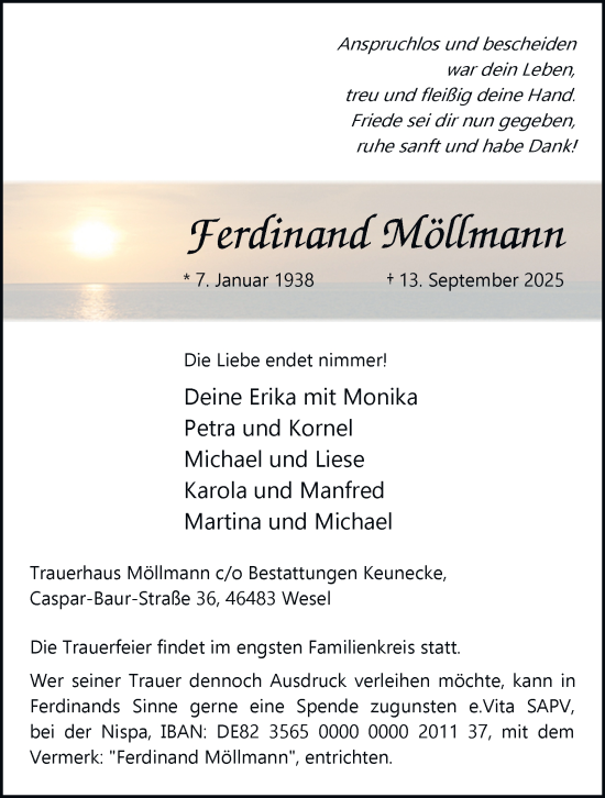 Traueranzeige von Ferdinand Möllmann von Tageszeitung
