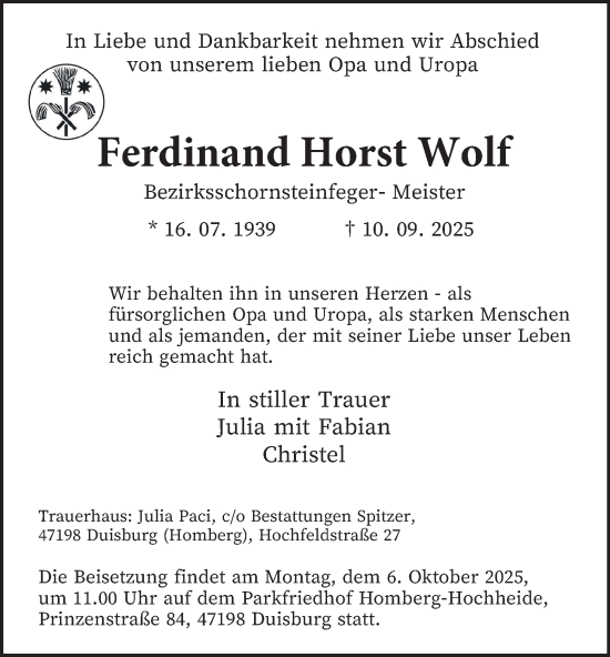 Traueranzeige von Ferdinand Horst Wolf von Tageszeitung