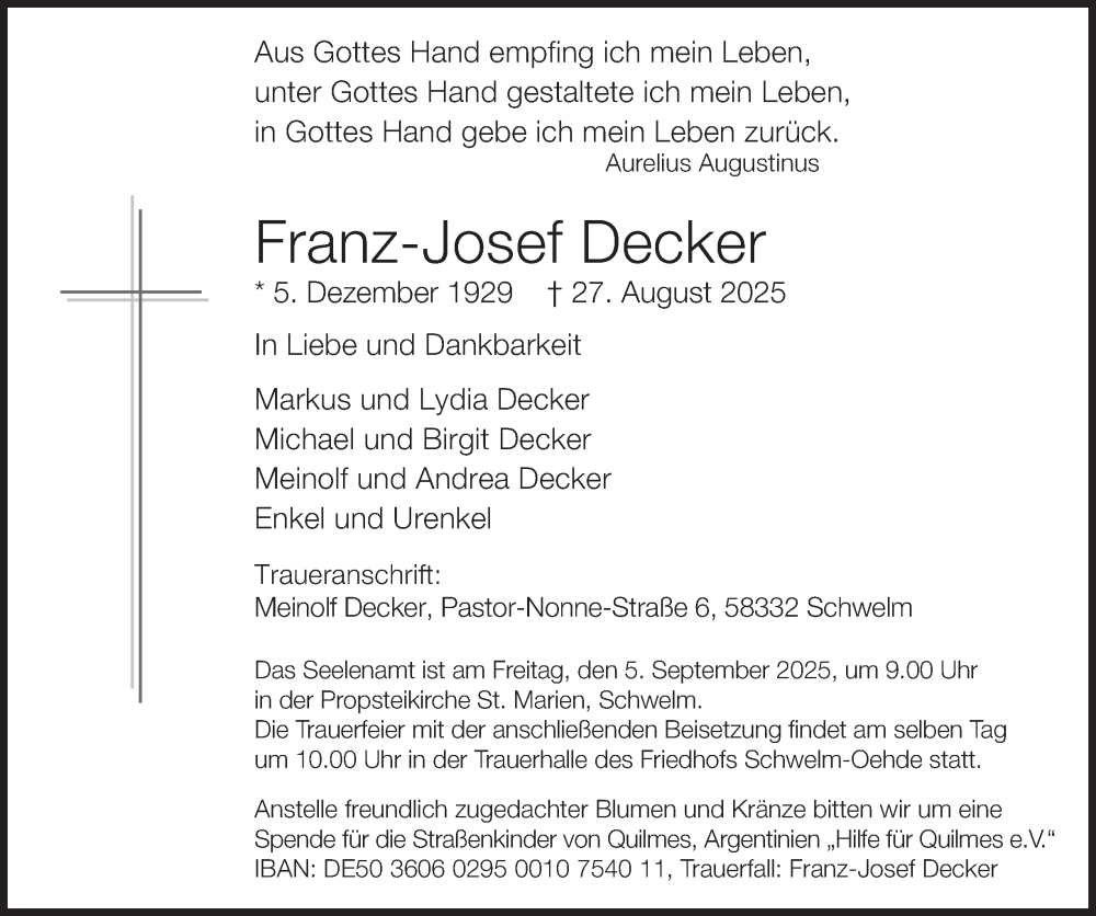  Traueranzeige für Franz-Josef Decker vom 03.09.2025 aus Tageszeitung