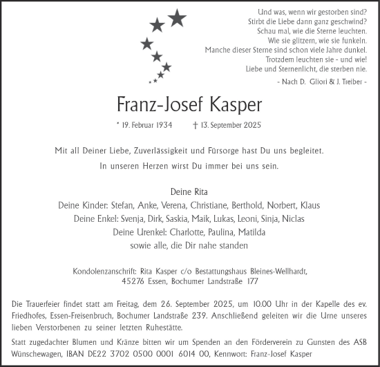 Traueranzeige von Franz-Josef Kasper von Tageszeitung