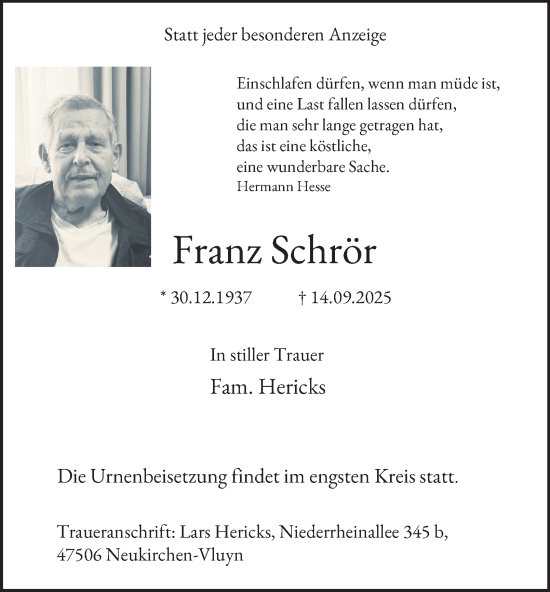 Traueranzeige von Franz Schrör von Tageszeitung