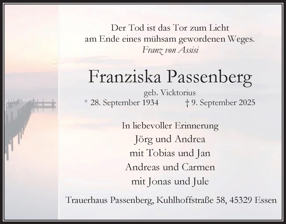  Traueranzeige für Franziska Passenberg vom 20.09.2025 aus Tageszeitung