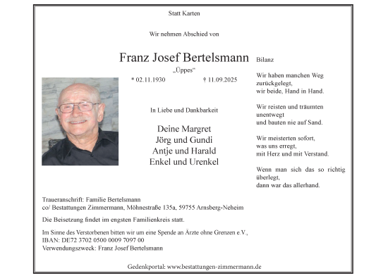 Traueranzeige von Franz Josef Bertelsmann von Tageszeitung